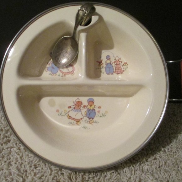 Vintage Baby Divided Warming Dish Excello Chromium w/Curved Silver Baby Spoon - Picture 1 of 10